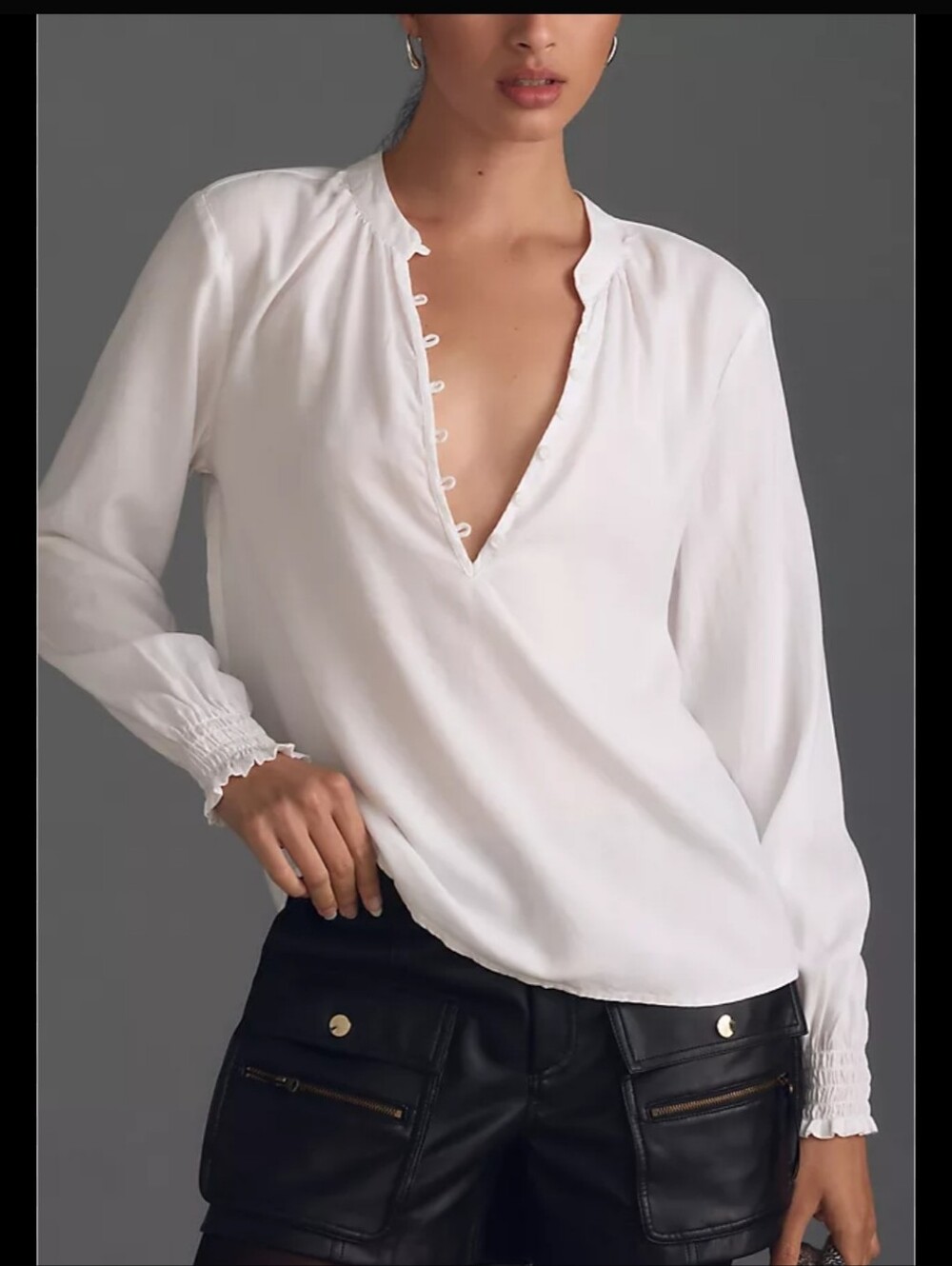 Women's White Henley Long-Sleeve Blouse